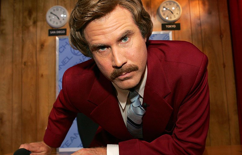 Will Ferrell doing what he does best as retro news anchor Ron Burgandy.