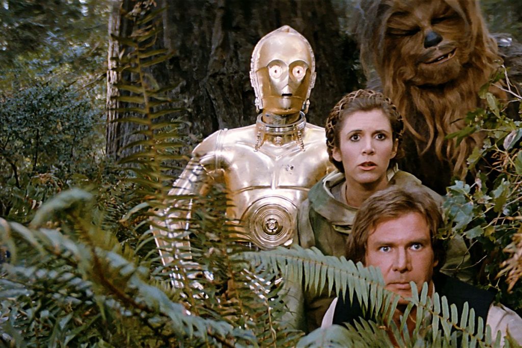 Han Solo, Chewbacca, Princess Leia and C-3PO in the Star Wars film Return of the Jedi, the worst film of the original trilogy.