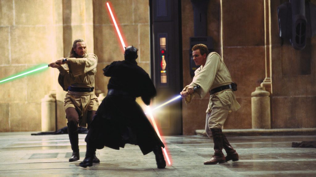Qui Gon Jinn and Obi Wan Kenobi fight Darth Maul in The Phantom Menace, not the best Star Wars film.