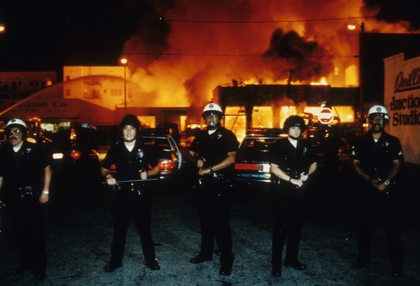 Police officers hold the line in the LA riots.