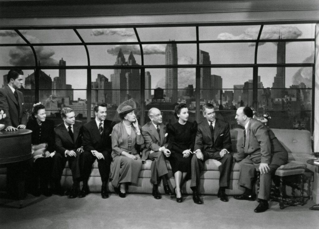 The cyclorama in the background of a publicity still for Rope (1948)