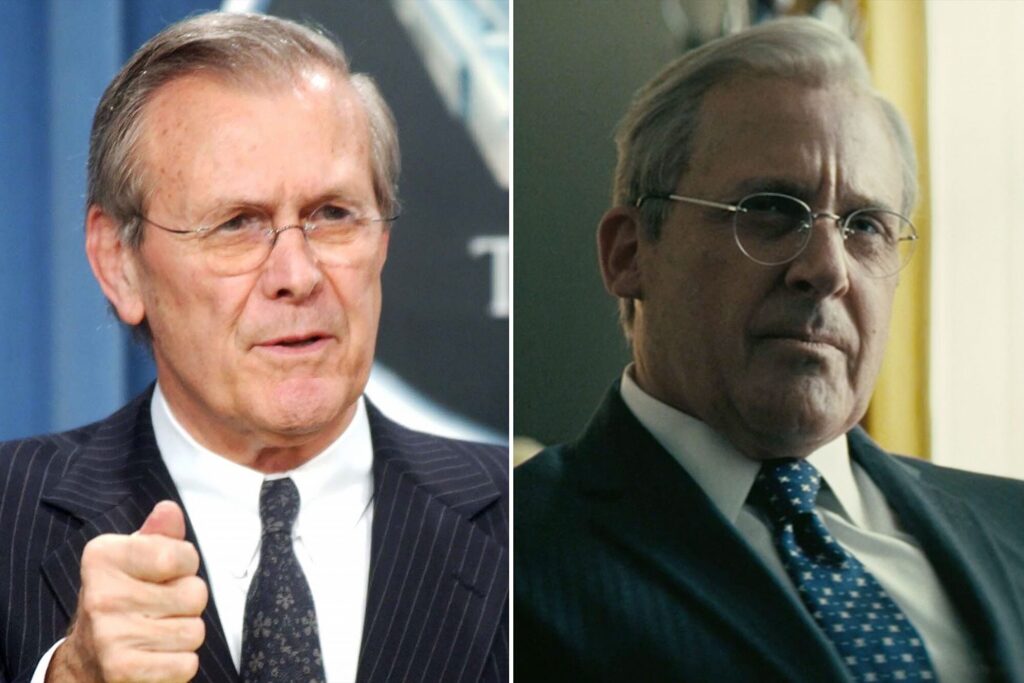 Donald Rumsfeld (left) and Steve Carell (right) playing Rumsfeld in Vice (2018)