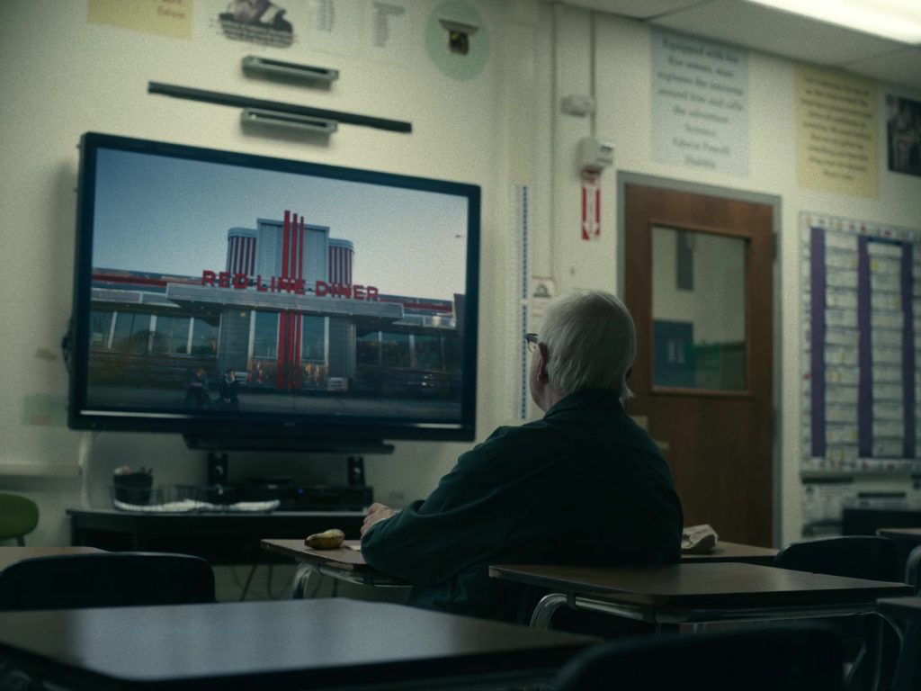 The mysterious janitor watches the latest 'Robert Zemeckis' film. I'm Thinking of Ending Things (2020)