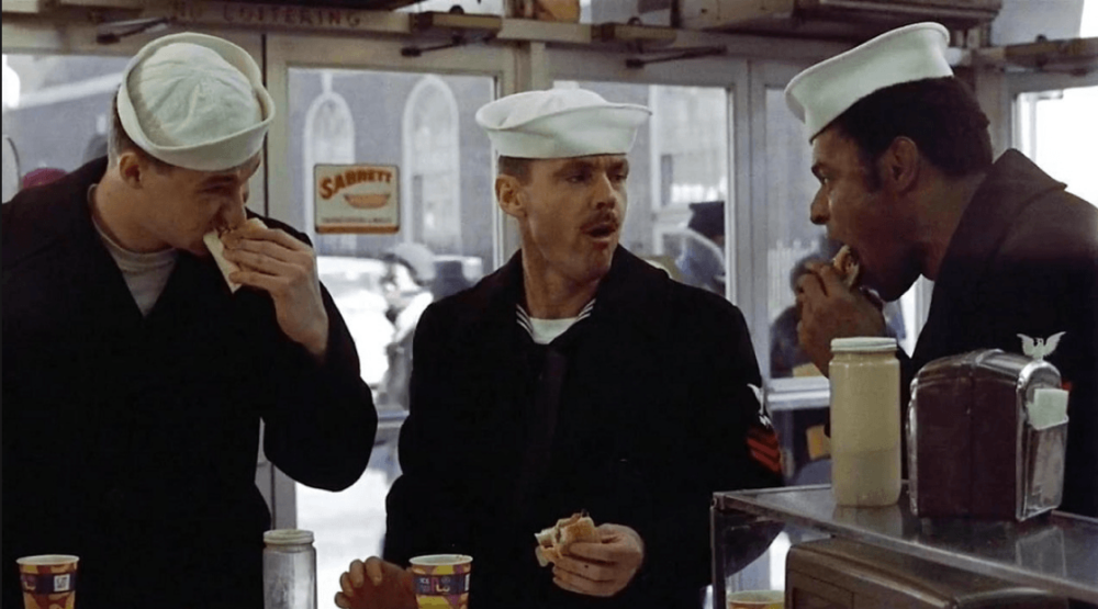 The friends stop for a sandwich in The Last Detail (1973)