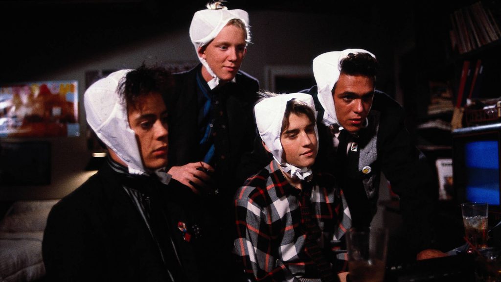 Robert Downey Jnr Anthony Michael Hall Ilan Mitchell-Smith and Robert Rusler in Weird Science