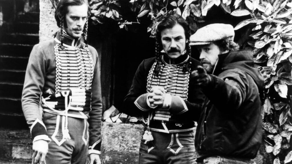 Ridley Scott with Keith Carradine and Harvey Keitel during the filming of The Duellists