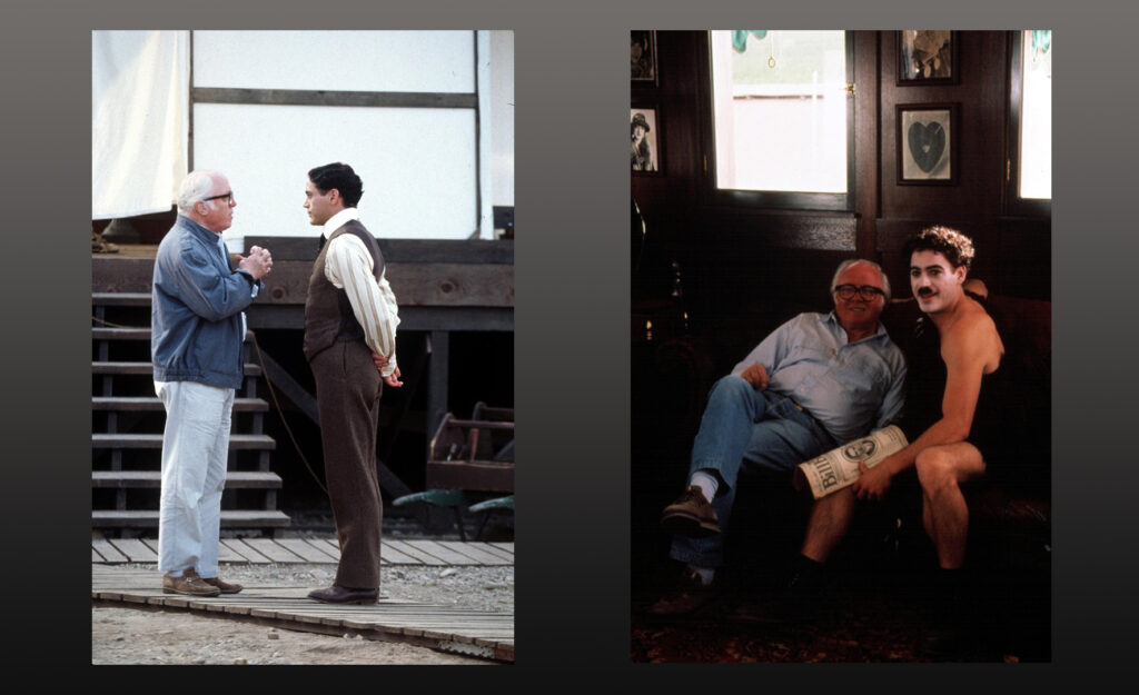 Richard Attenborough and Robert Downey Jnr during the making of Chaplin (1992)