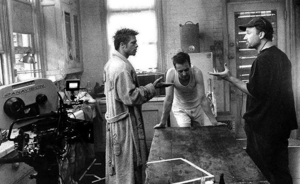 Brad Pitt, Edward Norton and David Fincher on set during the shoot for Flight Club