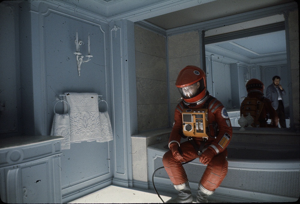 Keir Dullea and Stanley Kubrick on the set of 2001: A Space Odyssey (1968)