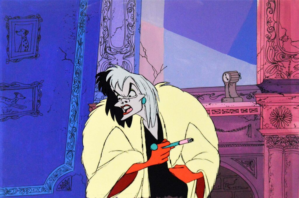 Cruella De Vil as portrayed in the film One Hunfdred and One Dalmatians (1961)