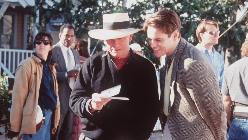 Peter Weir and Jim Carrey during the making of The Truman Show (1998)