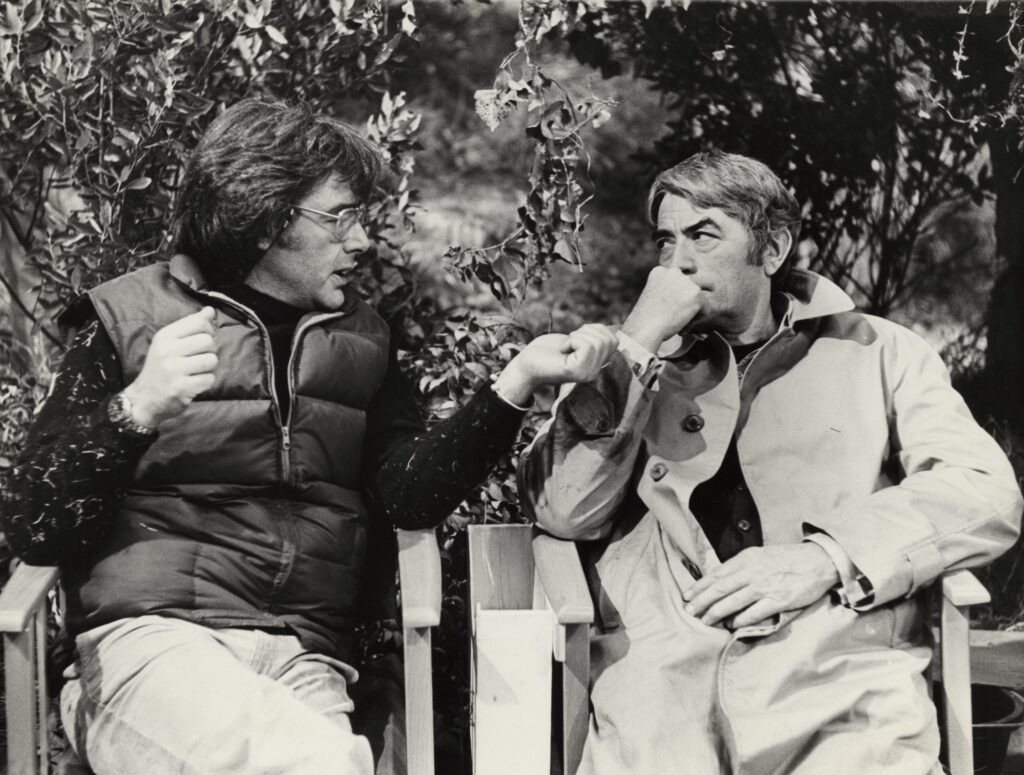 Richard Donner and Gregory Peck on the set of The Omen (1974)