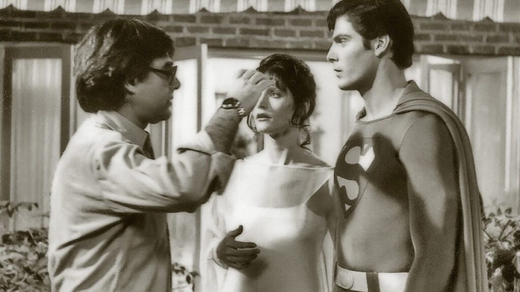 Richard Donner with Margot Kidder and Chriostopher Reeve on the set of Superman (1978)