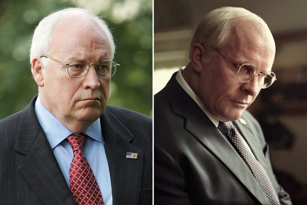 Dick Cheney (left) and Christain BGlae (right) playing Cheney in Vice (2018)