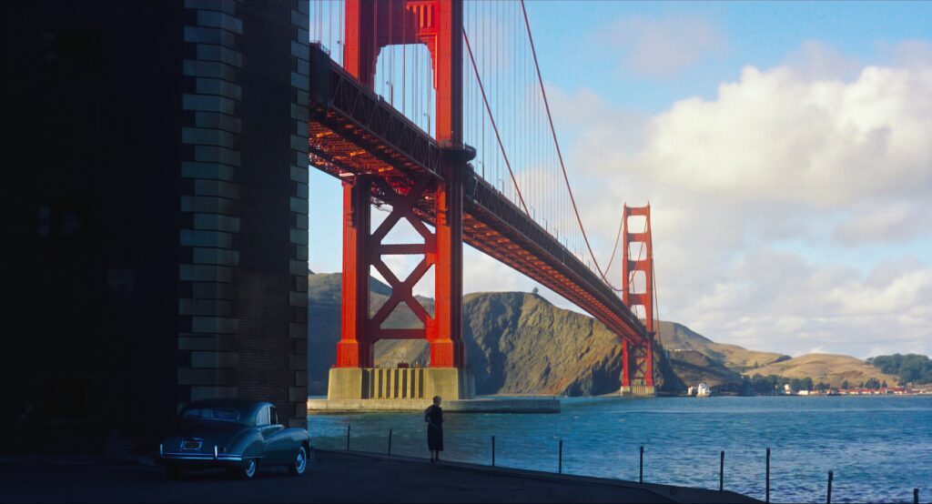 The famous Golden Gate Bridge in San Fransisco makes for a striking location in Vertigo (1958)