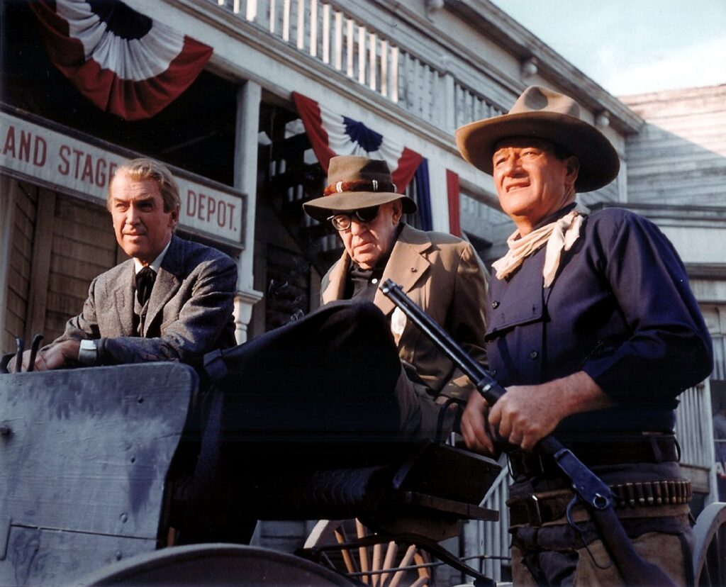 James Stewart, John Ford and John Wayne on the set of The Man Who Shot Liberty Valance (1962)