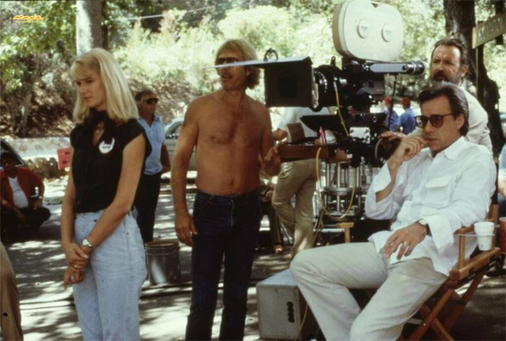 Laura Dern and Peter Bogdanovich on set during the filming of Mask (1985)