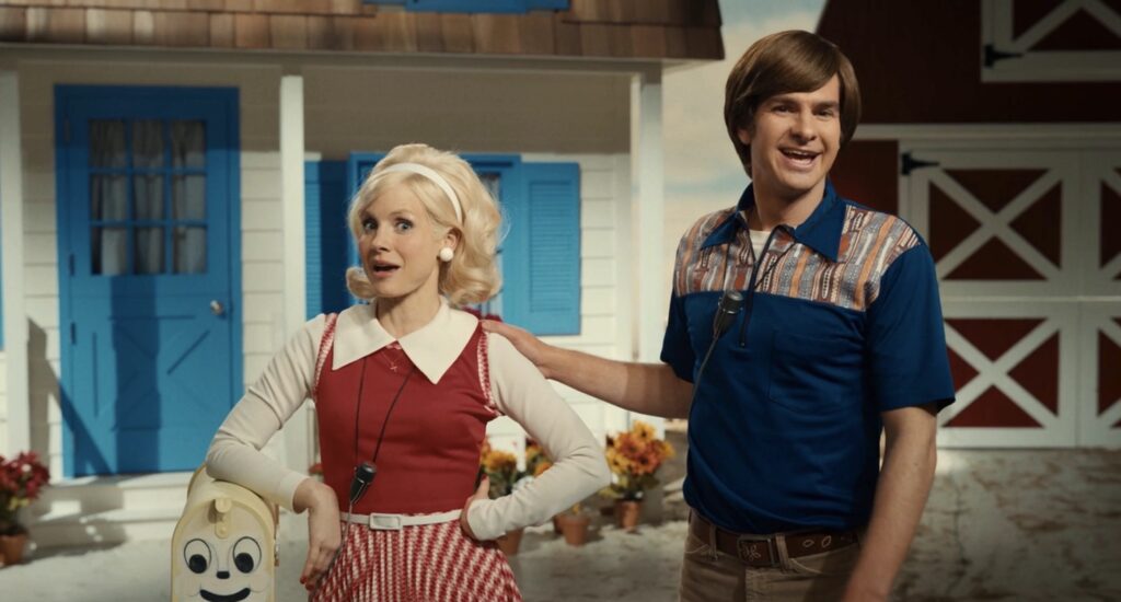 A young Jim and Tammy with their first gig in The Eyes of Tammy Faye (2021)