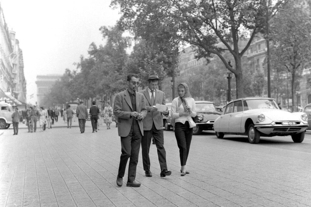 Godard with Jean-Paul Belmondo and Jean Seberg during the making of Breathless (1959)