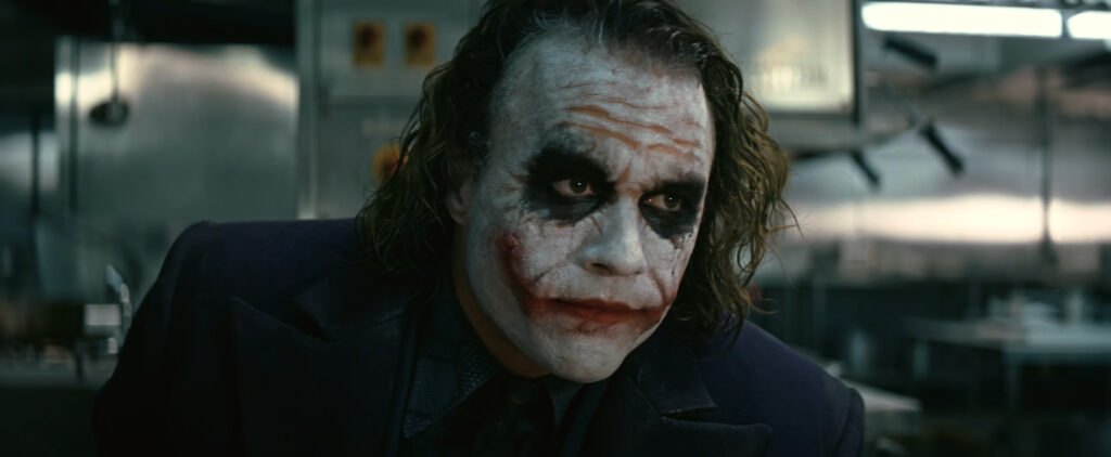 Heath Ledger as the Joker in The Dark Knight (2008) directed by Christopher Nolan.