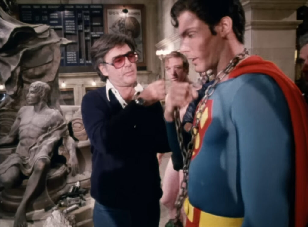 Richard Donner and Christopher Reeve on the set of Superman (1978)
