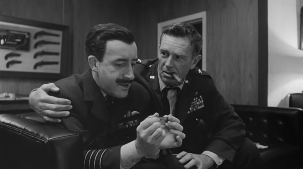 Peter Sellers and Sterling Hayden in Dr. Stangelove or: How I Learned to Stop Worrying and Love the Bomb (1964) directed by Stanley Kubrick.