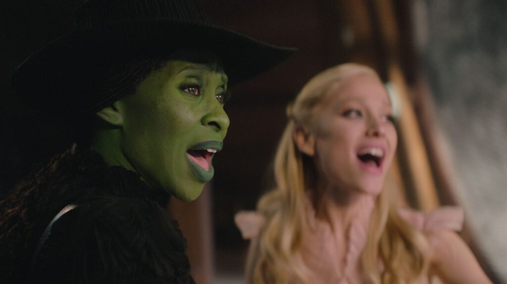 Cynthia Erivo and Ariana Grande as Elphaba and Glinda sing a duet in Wicked (2024)