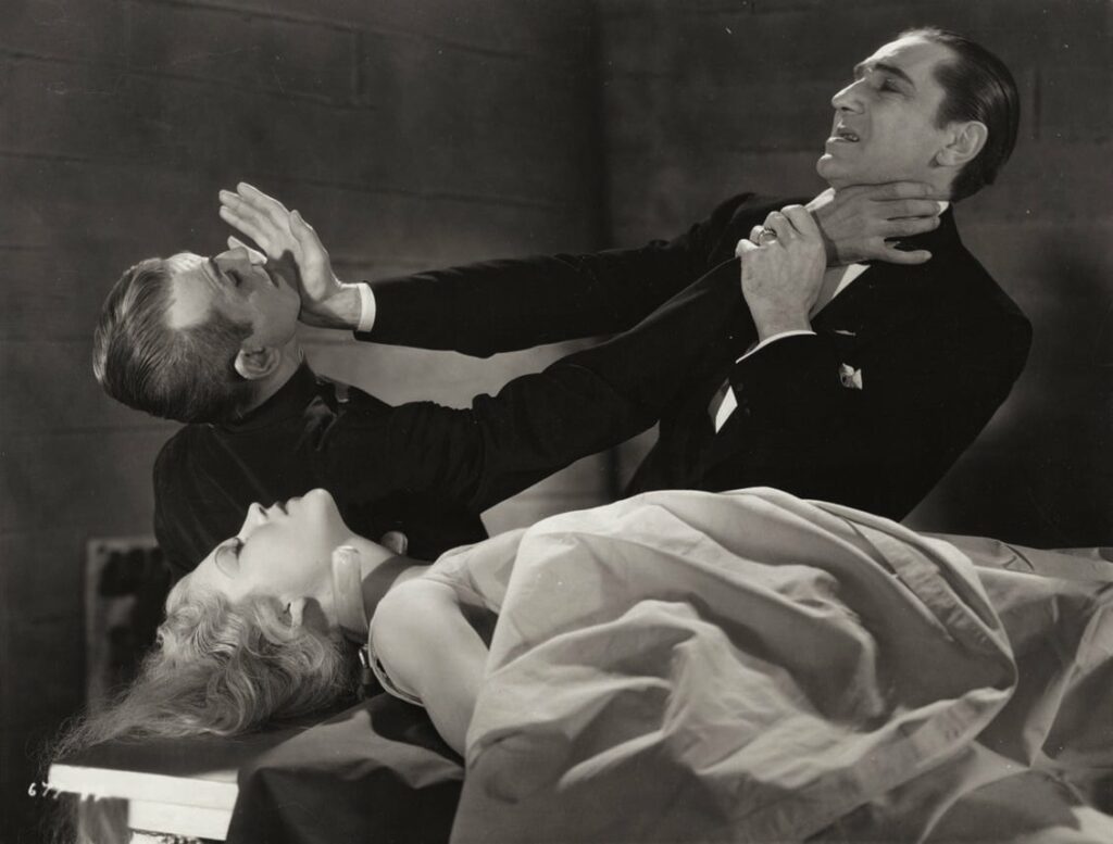 Werdegast and Poelzig fight to the death. Boris Karloff and Bela Lugosi in The Black Cat (1934)