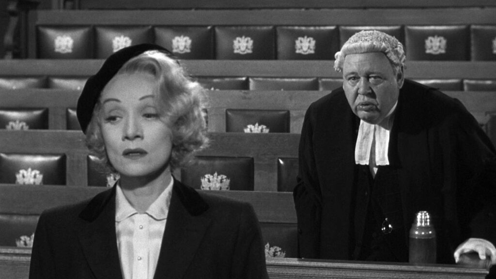 Marlene Dietrich and Charles Laughton in an electrifying cross-examination scene in Witness for the Prosecution (1957)