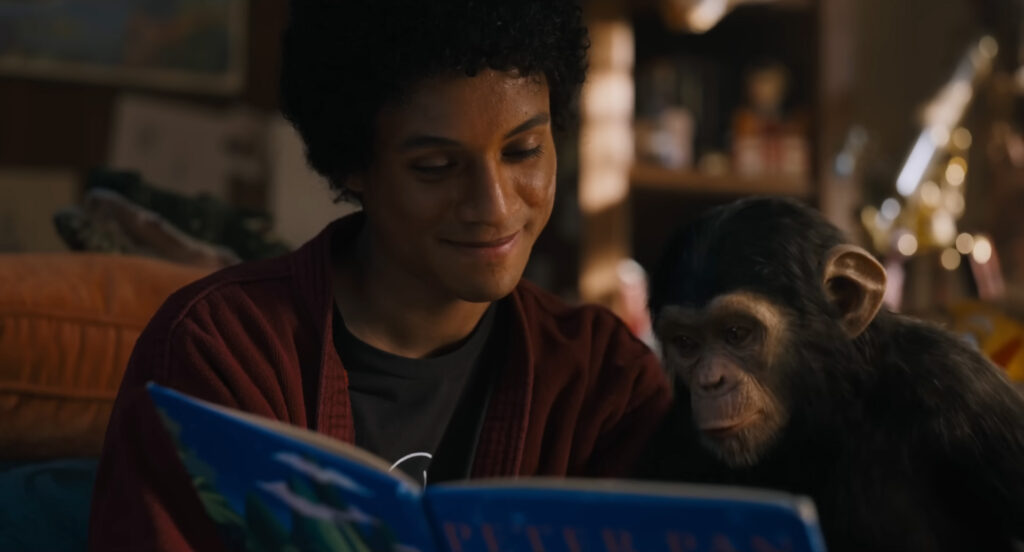 Jaafar Jackson and CGI primate friend in Michael (2026)