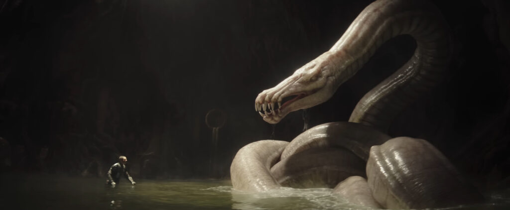 Din Djarin faces a serpent monster in The Mandalorian and Grogu (2026)